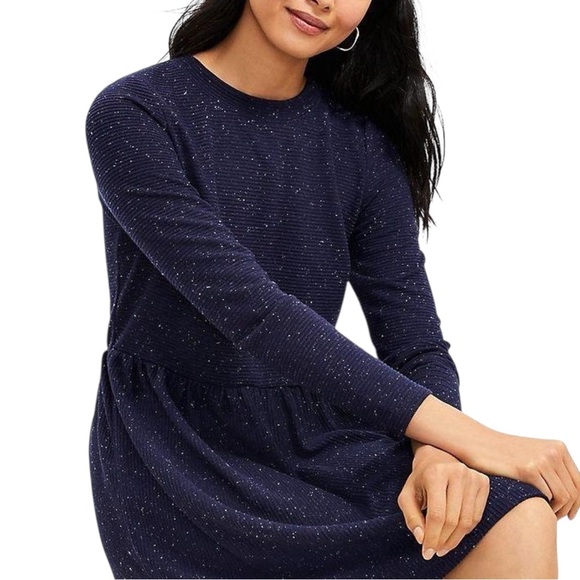 NWT LOFT Flecked Button Navy Speckled Ribbed Knit Swing Dress SP Small Petite - Picture 3 of 10